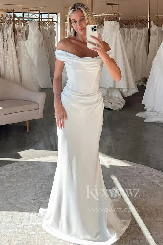 Sophisticated Off-Shoulder Bridal Gown Satin Mermaid Wedding Dress HS481