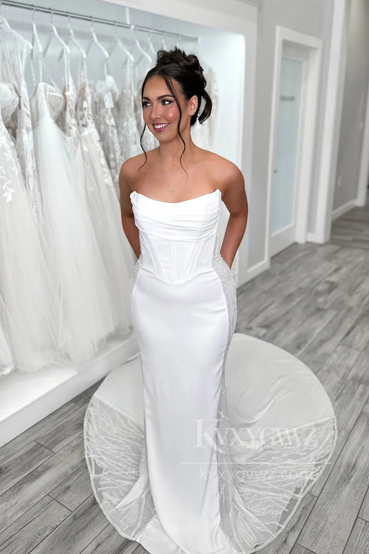 Elegant Off-Shoulder Satin Mermaid Wedding Dress with Beaded Embroidery Bridal Gown HS482