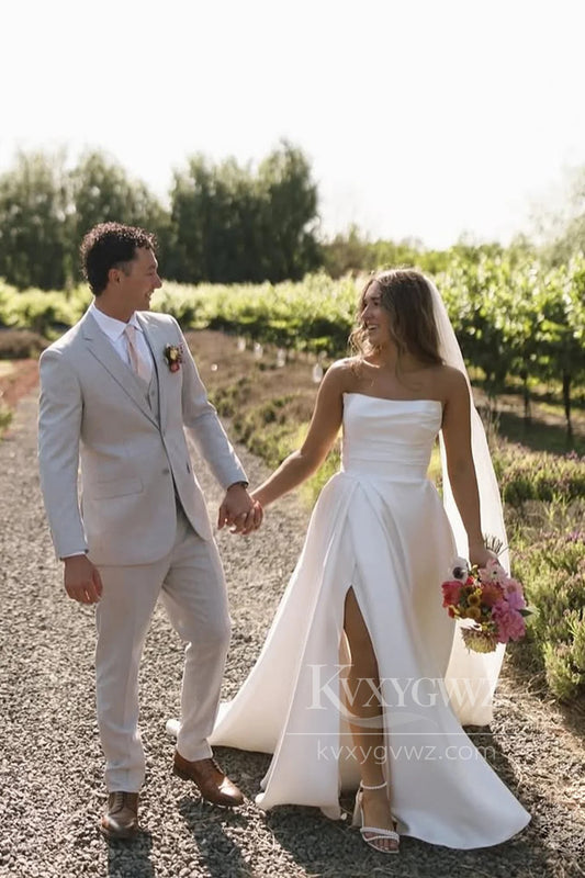 Elegant Strapless Satin Wedding Dress with High Slit Bridal Gown HS483