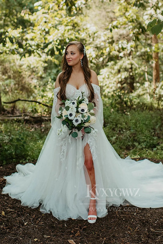Off-Shoulder Long Sleeve Lace Wedding Dress with Slit Bridal Gown HS484