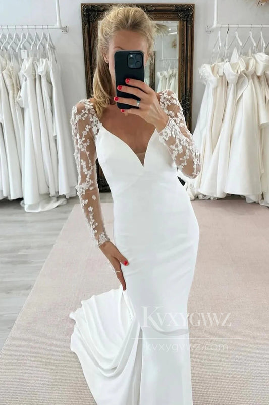 Lace Long Sleeve Satin Bridal Gown Mermaid Sweep Train Wedding Dress HS485