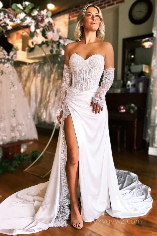 Lace Long Sleeves Satin Bridal Gown Sweetheart Mermaid Wedding Dress HS486