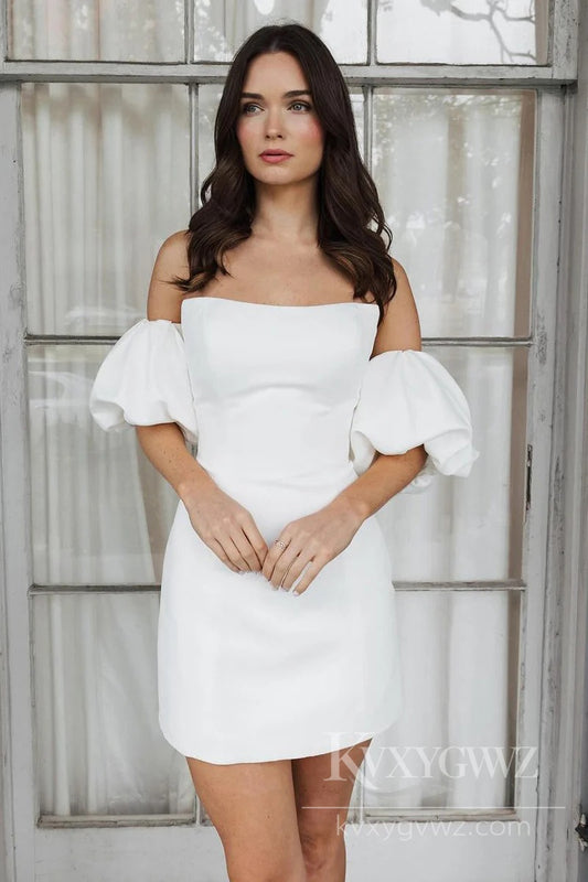 Chic Off-the-Shoulder Puff Sleeves Bridal Gown Short Satin Wedding Dress HS487