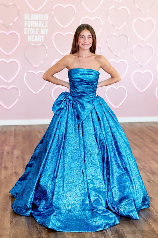 Ball Gown Strapless Blue Organza Long Prom Dress Gown with Bowknot LF1284