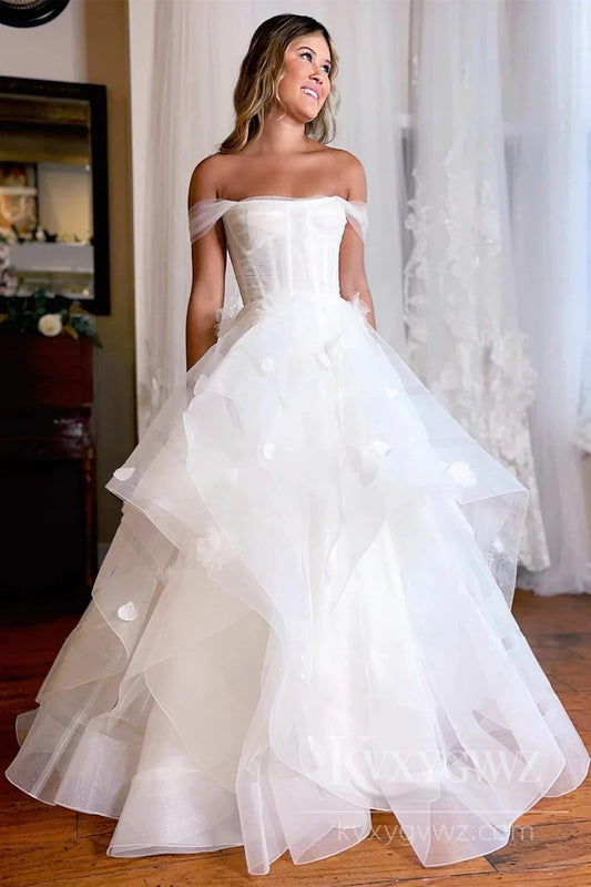 Dreamy Off-the-Shoulder Ball Gown Wedding Dress Floor-length Bridal Gown HS488