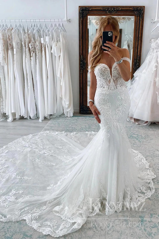 Elegant Off-the-Shoulder Lace Bridal Gown Mermaid Wedding Dress With Train HS489