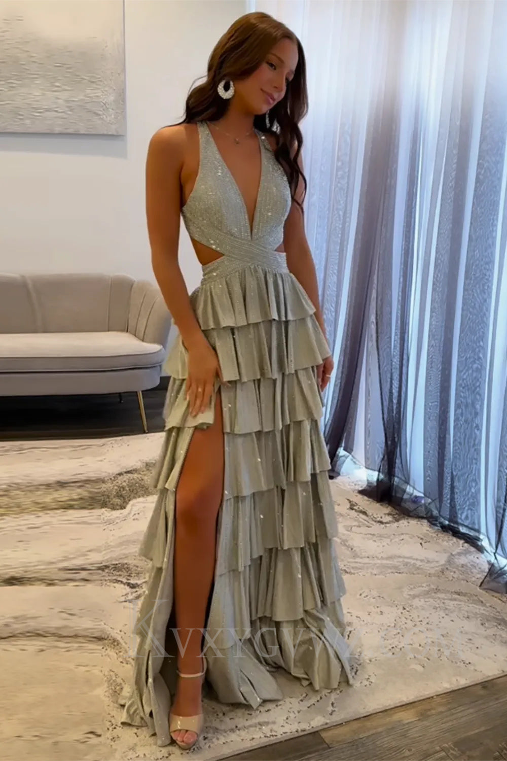 Sparkly Emerald Green Tiered A-Line Deep V-neck Halter Long Prom Dress with Slit LF049