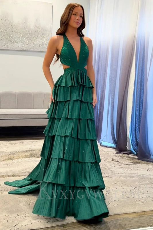 Sparkly Emerald Green Tiered A-Line Deep V-neck Halter Long Prom Dress with Slit LF049