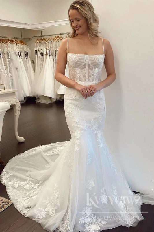 Elegant Lace Mermaid Wedding Dress Spaghetti Strap Bridal Gown With Train HS490