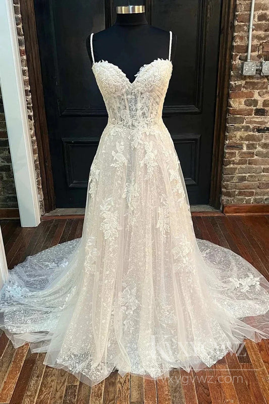 Exquisite Lace Wedding Dress Spaghetti Strap Sweep Train Bridal Gown HS491
