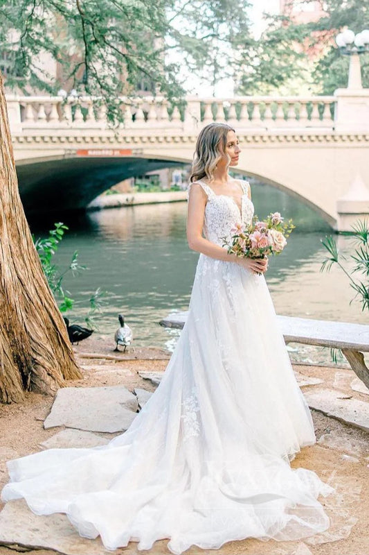 Elegant Lace A-Line Wedding Dress Sweetheart Sweep Train Bridal Gown HS492