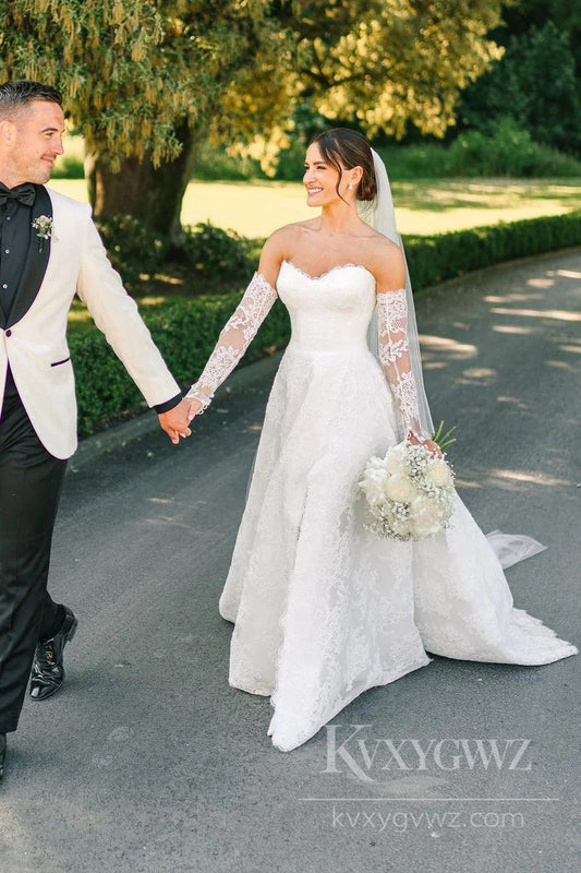 Romantic Strapless Lace Wedding Gown with Long Sleeves and Stunning Train Bridal Gown HS493