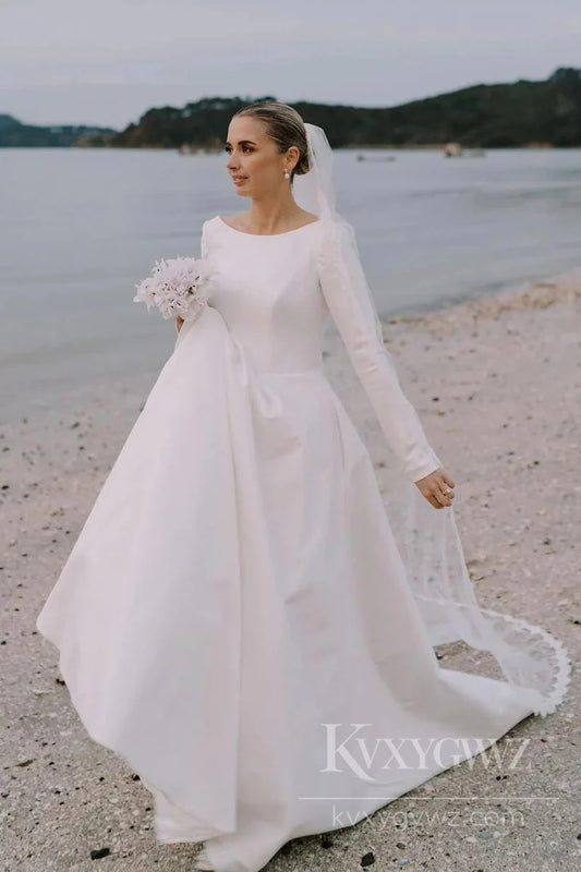 Elegant Long-Sleeves Satin Wedding Dress Sweep Train Bridal Gown HS494