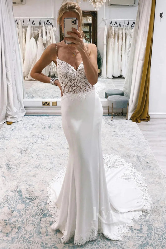 Elegant Lace and Satin Mermaid Wedding Dress with Spaghetti Straps Bridal Gown HS496