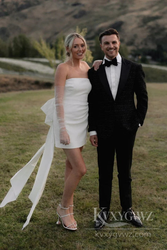 Cute Modern Satin Strapless Wedding Dress with Bow Short Bridal Gown HS498