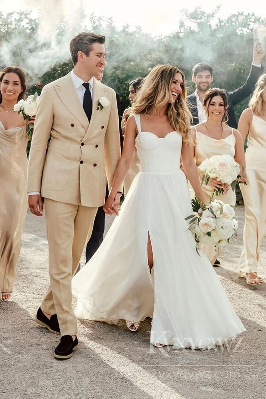 Elegant A-Line Chiffon Wedding Dress with Spaghetti Straps and Subtle Slit Bridal Gown HS499