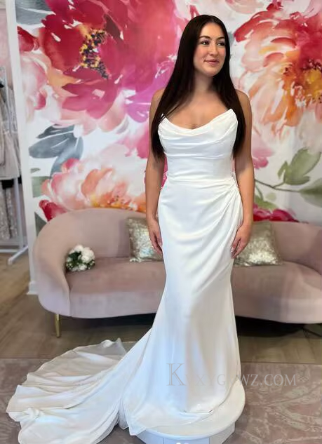 Strapless Satin Ruffles Sweep Train Wedding Gown/Dress HS408