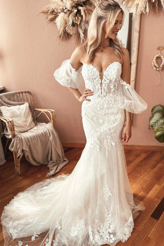 Glamorous Mermaid Sweetheart Lace Wedding Dresses Gown with Appliques HS672
