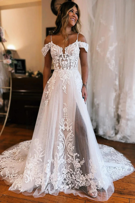 Gorgeous A-Line Cold Sleeves Tulle Lace Beach Wedding Dresses/Gowns HS23082711