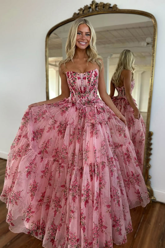 A-Line Strapless Pink Floral Printed Long Prom Dress Gown with Bowknot LF1243