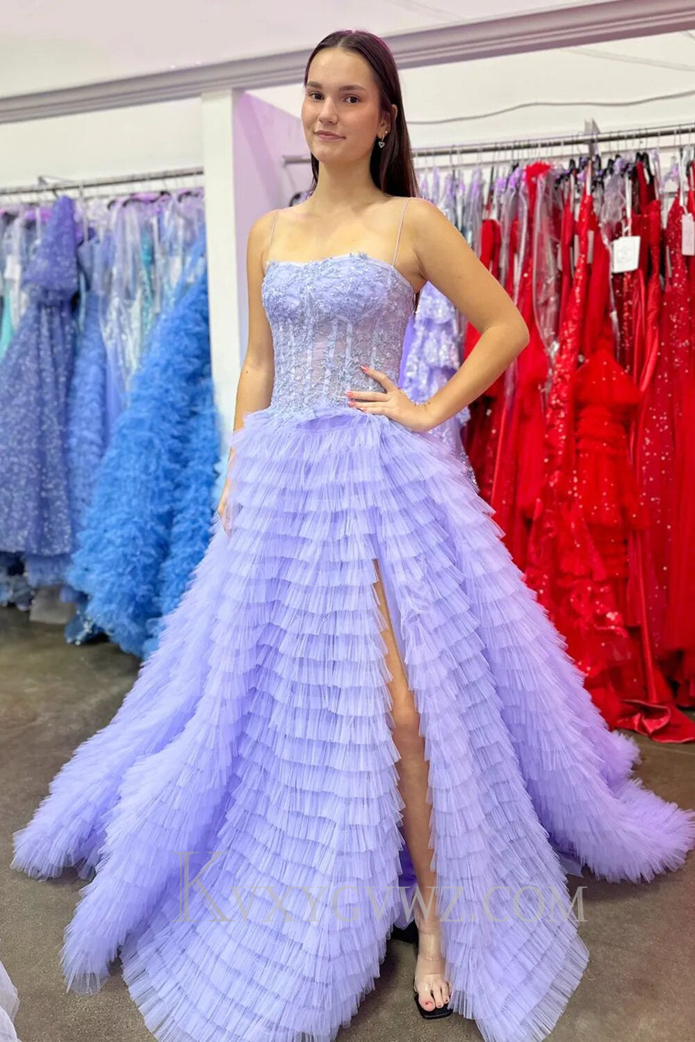 Sparkly A-Line Black Spaghetti Straps Long Tulle Prom Dress with Slit LF005