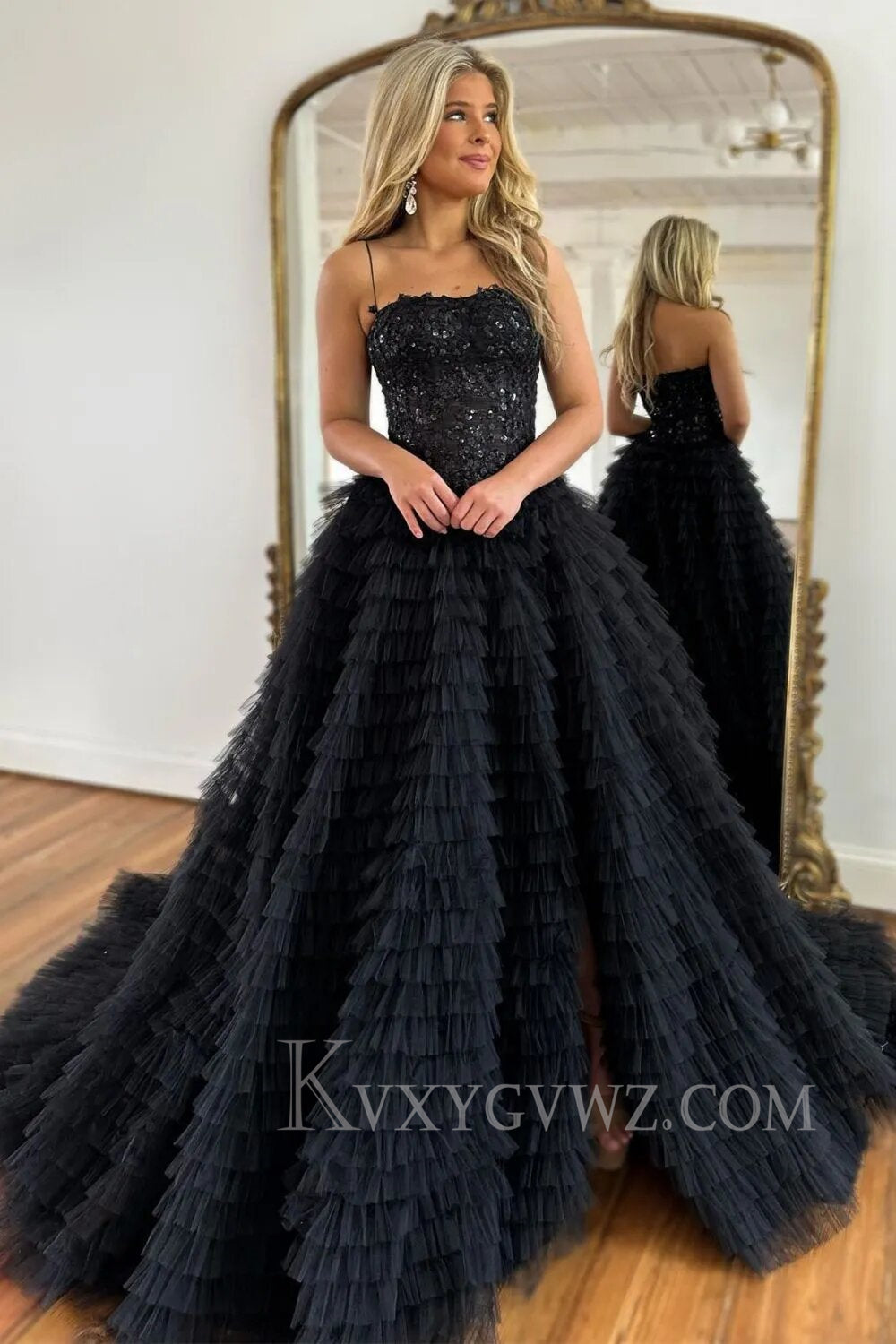 Sparkly A-Line Black Spaghetti Straps Long Tulle Prom Dress with Slit LF005