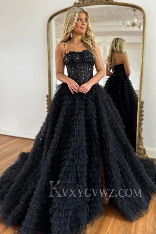 Sparkly A-Line Black Spaghetti Straps Long Tulle Prom Dress with Slit LF005
