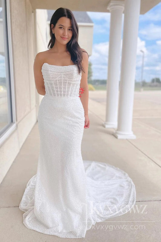 Sparkling Strapless Mermaid Wedding Dress with Beaded Detailing Bridal Gown HS500