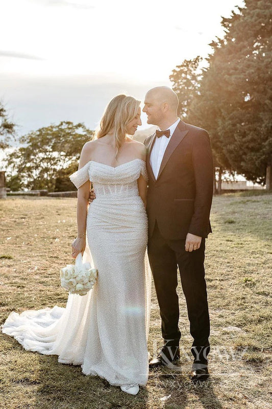 Sparkling Off-Shoulder Mermaid Wedding Dress Elegant Sweep Train Bridal Gown HS501