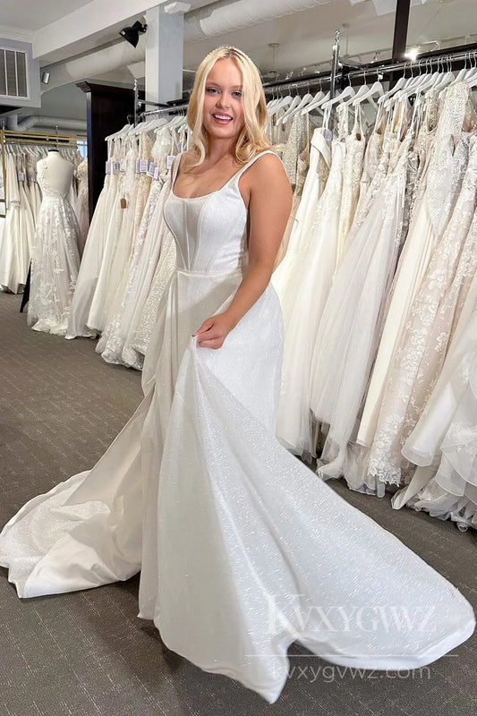 Sparkling A-Line Wedding Dress with Sleeveless Detail and Train Bridal Gown HS503