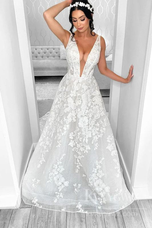 Sparkling Lace Deep V-Neck Wedding Gown with Train Bridal Gown HS504
