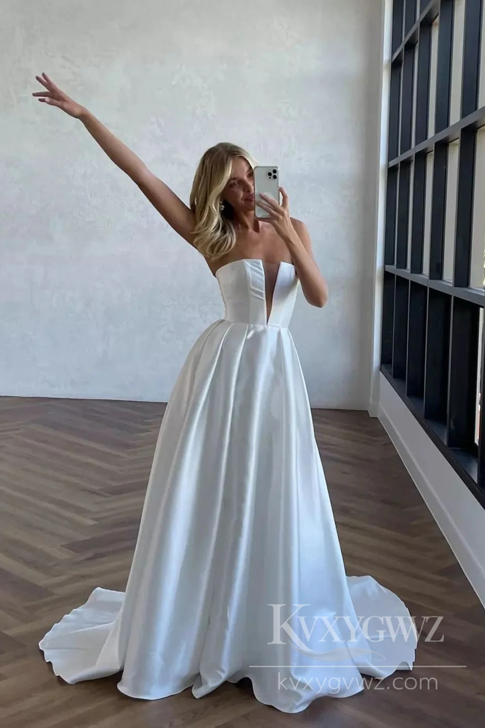 Strapless Satin Wedding Dress with Dramatic Thigh-High Slit Bridal Gown HS507