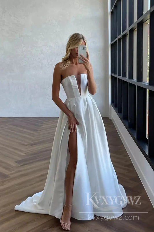 Strapless Satin Wedding Dress with Dramatic Thigh-High Slit Bridal Gown HS507