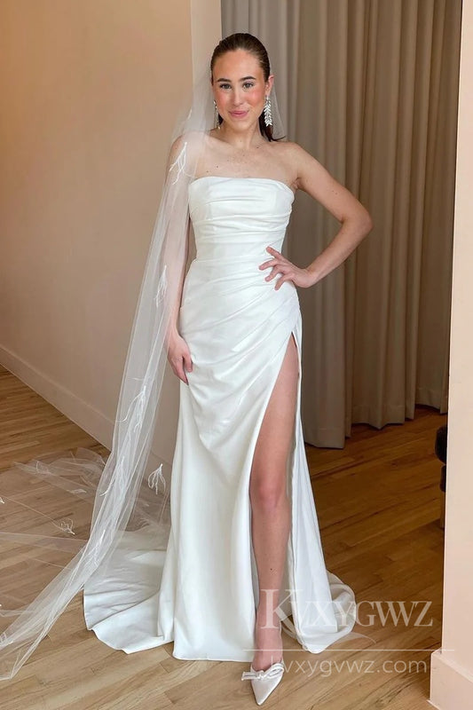 Strapless Satin Mermaid Wedding Dress with High Slit and Modern Elegance Bridal Gown HS508
