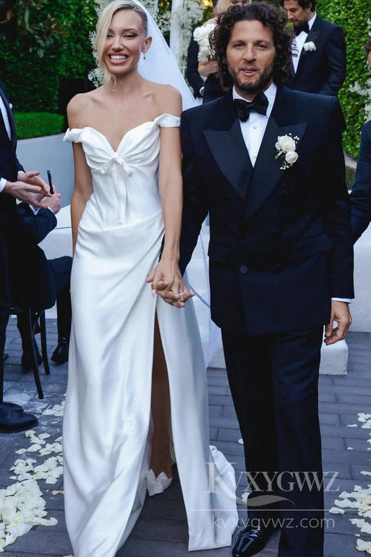 Off-Shoulder Satin Wedding Dress with Thigh-High Slit Bridal Gown HS509