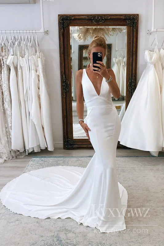 Satin Deep-V Mermaid Wedding Dress Timeless Elegance with a Modern Twist Bridal Gown HS510
