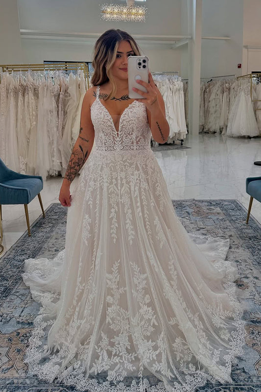 A-Line V Neck Ivory Tulle Lace Wedding Dresses Gown HS752