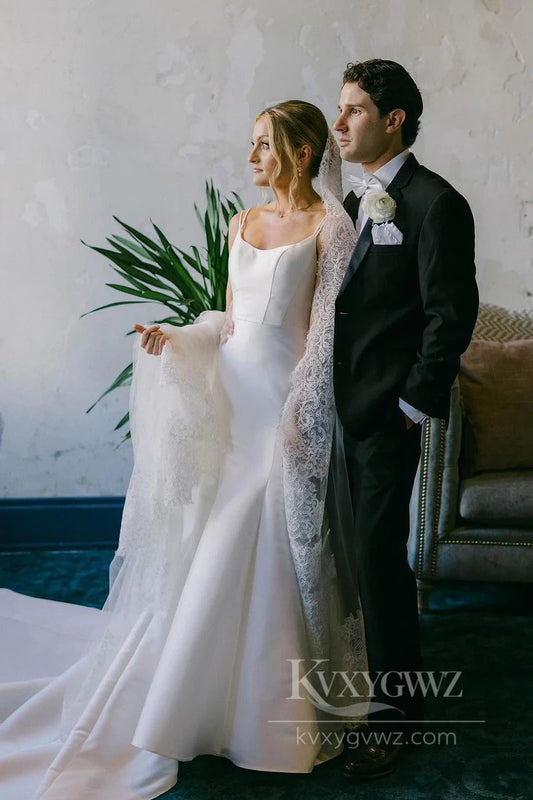 Elegant Satin Mermaid Wedding Dress Spaghetti Strap Sweep Train Bridal Gown HS517