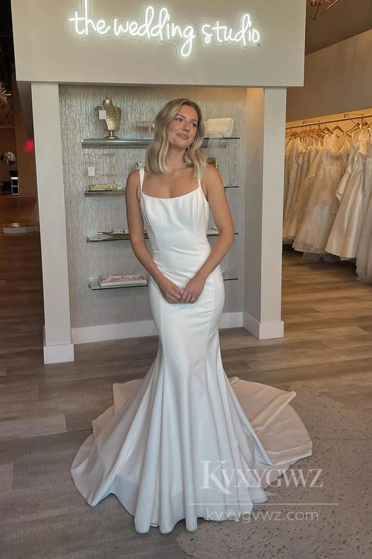 Minimalist Satin Mermaid Wedding Dress Spaghetti Strap Elegant Bridal Gown HS518