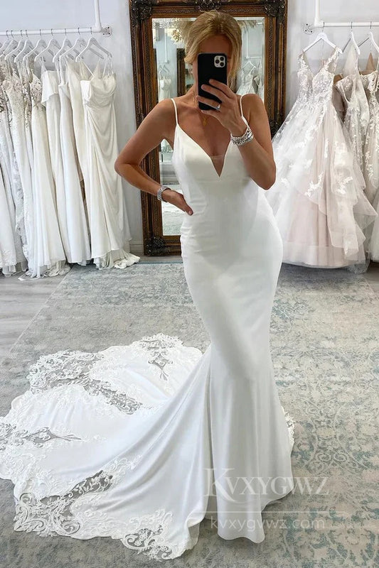Elegant Lace-Trimmed Satin Bridal Gown V-Neck Mermaid Wedding Dress HS519