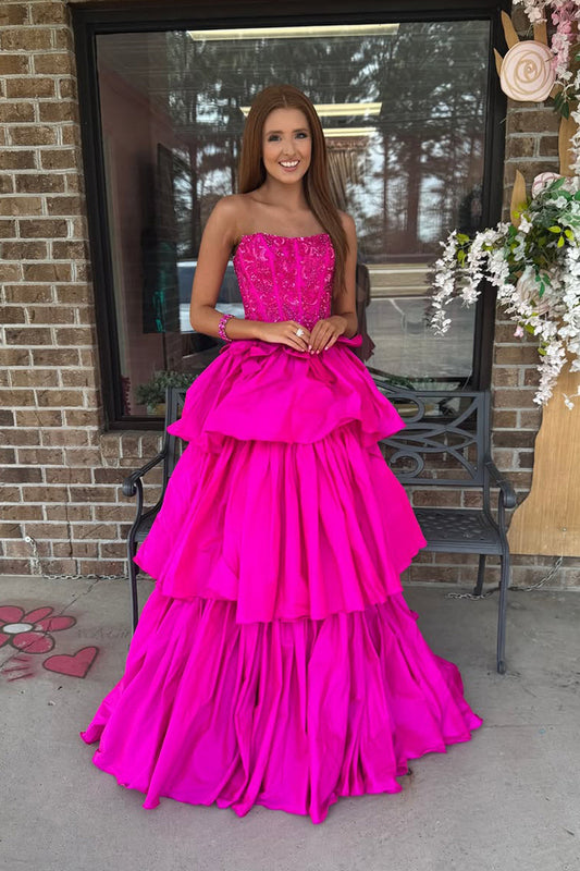 Fuchsia A Line Strapless Satin Prom Dress Gown with Beading LF1376