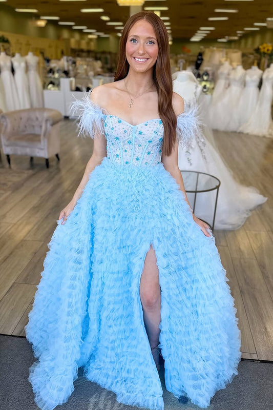 A-Line Off the Shoulder Light Blue Tulle Long Prom Dress Gown with Slit LF1318