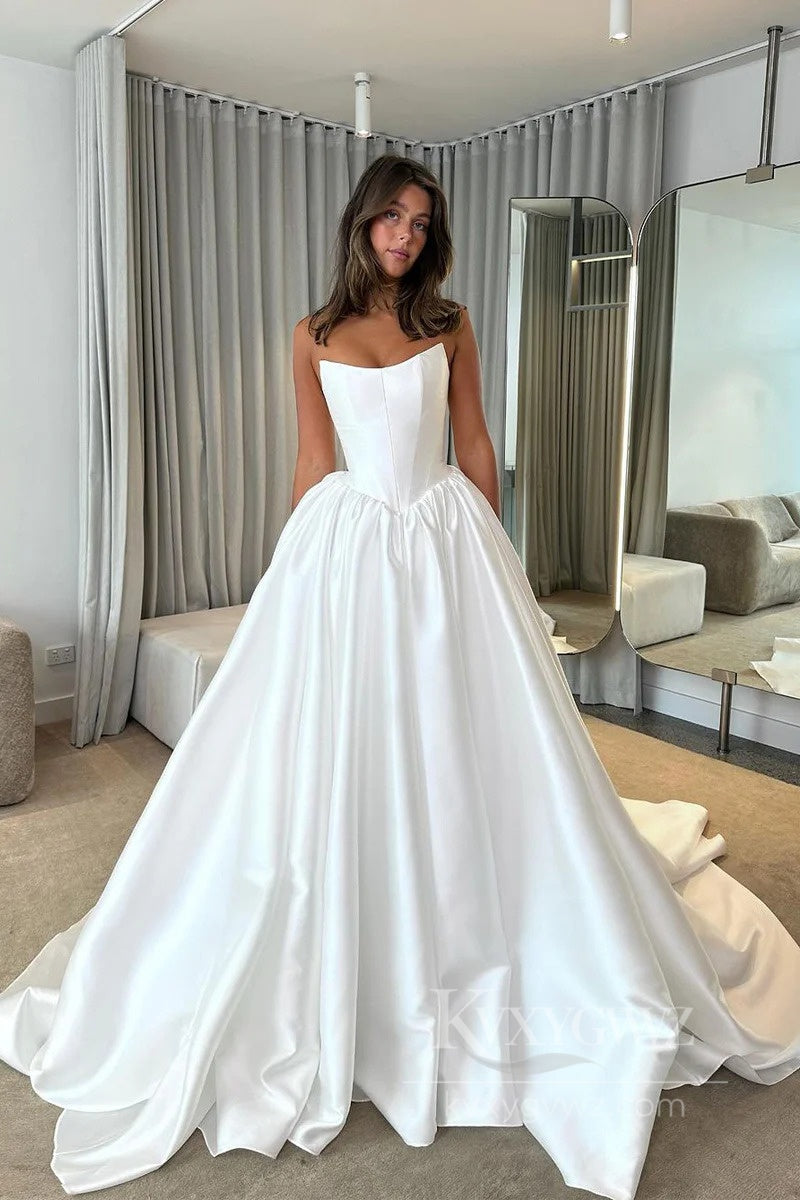 Timeless Strapless Satin Ball Gown Wedding Dress Elegant A-line Bridal Gown HS521
