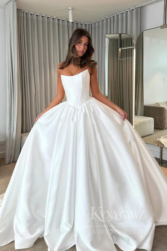 Timeless Strapless Satin Ball Gown Wedding Dress Elegant A-line Bridal Gown HS521
