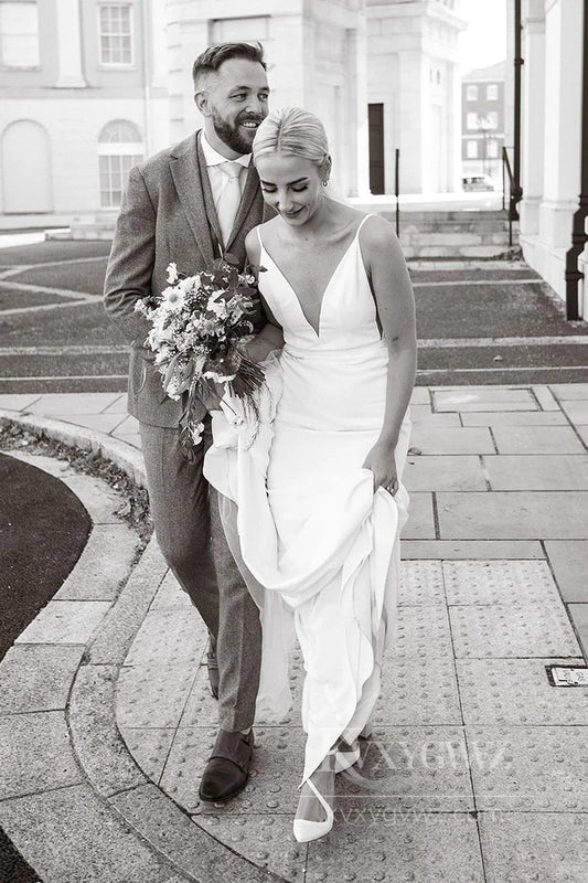 Elegant V-Neck Satin Mermaid Wedding Dress with Spaghetti Straps Bridal Gown HS522
