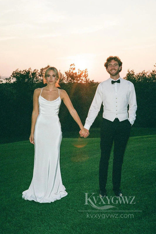 Chic Satin Spaghetti Strap Mermaid Wedding Dress Sweep Train Bridal Gown HS523