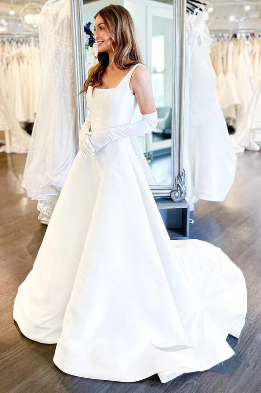 Classic Satin A-Line Wedding Dress with Straps Bridal Gown HS527