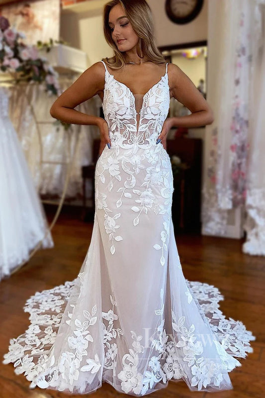 Floral Lace V-Neck Bridal Gown with Sheer Detailing Bridal Gown HS528