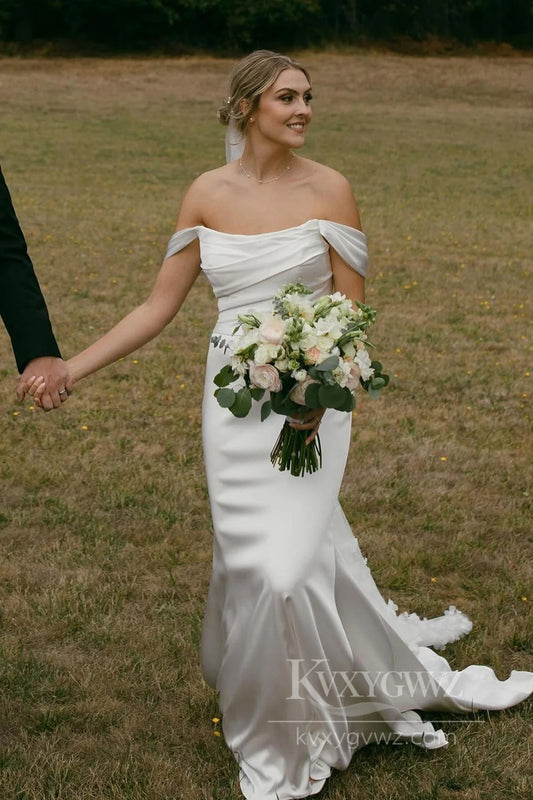 Elegant Off-the-Shoulder Satin Mermaid Wedding Dress for a Dreamy Outdoor Ceremony Bridal Gown HS529