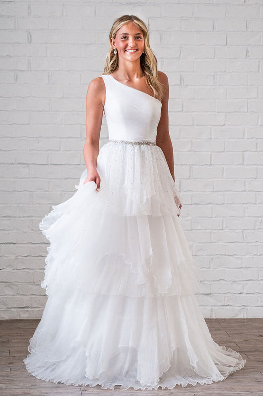 Ball Gown One Shoulder White Ruffle Tiered Tulle Wedding Dresses Gown HS800
